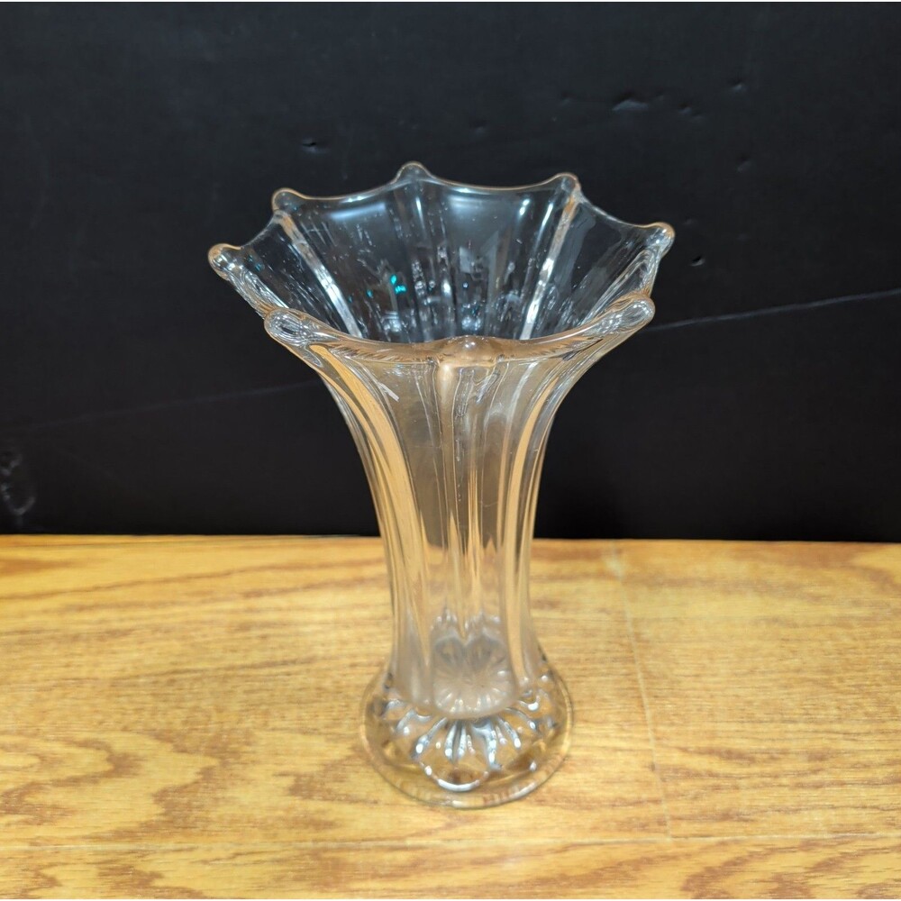 Vintage Clear Pressed Glass Trumpet Vase 9.5" Scalloped Rim Starburst Base